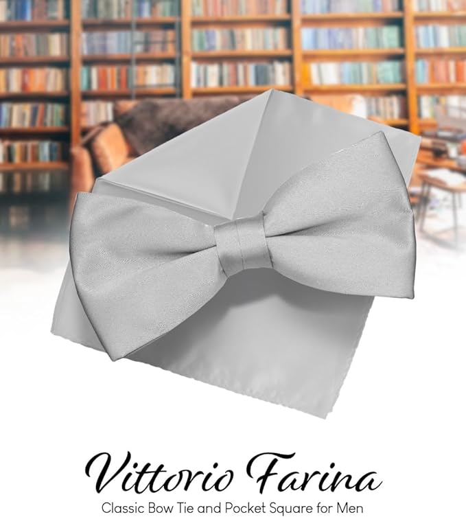 Vittorio Farina Men's Satin Bow Tie & Pocket Square in Gift Box - Silver - Bow Tie & Pocket Square - Vittorio Farina
