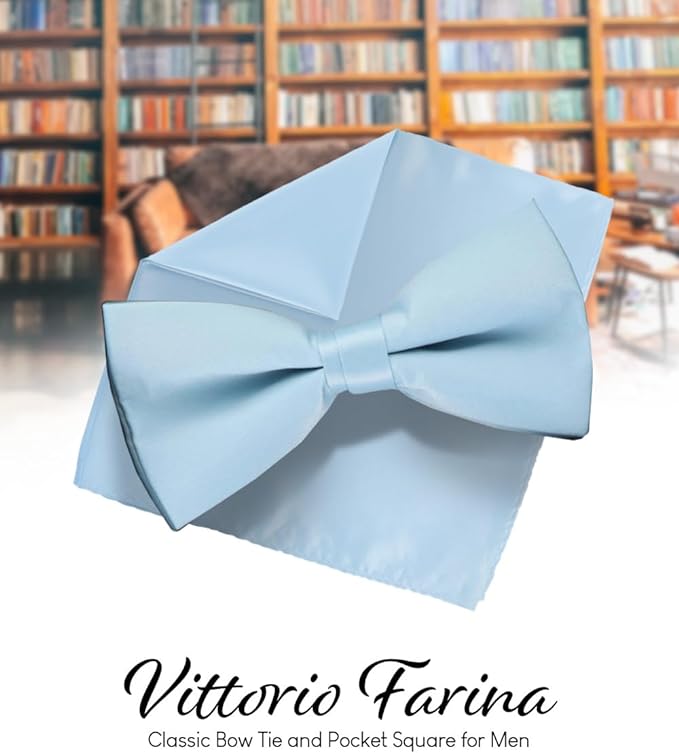 Vittorio Farina Men's Satin Bow Tie & Pocket Square in Gift Box - Sky Blue - Bow Tie & Pocket Square - Vittorio Farina