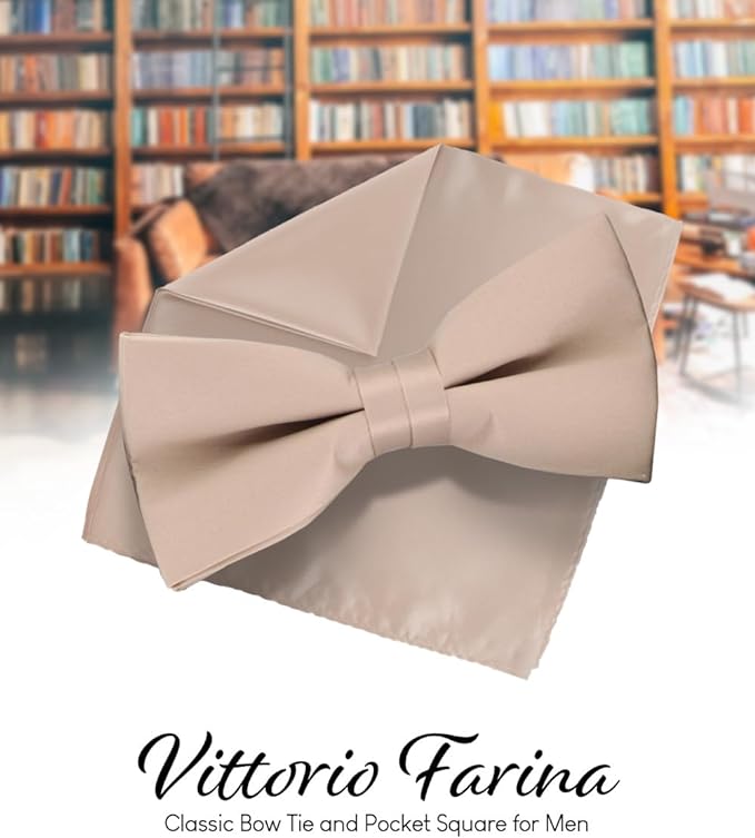 Vittorio Farina Men's Satin Bow Tie & Pocket Square in Gift Box - Taupe - Bow Tie & Pocket Square - Vittorio Farina