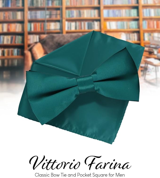 Vittorio Farina Men's Satin Bow Tie & Pocket Square in Gift Box - Teal Blue - Bow Tie & Pocket Square - Vittorio Farina