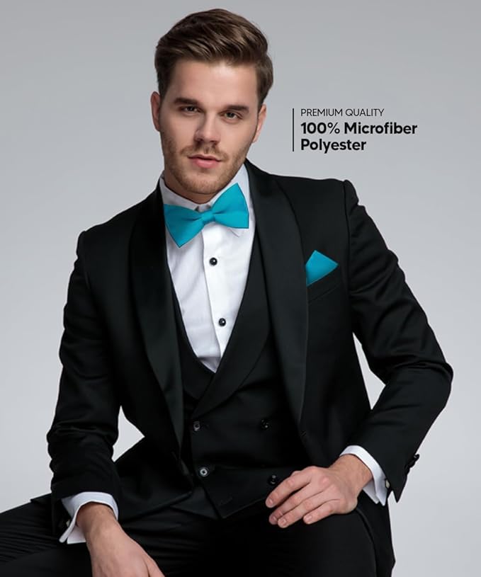 Vittorio Farina Men's Satin Bow Tie & Pocket Square in Gift Box - Turquoise - Bow Tie & Pocket Square - Vittorio Farina