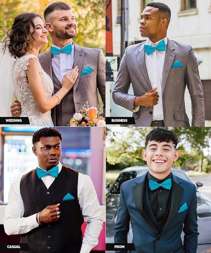 Vittorio Farina Men's Satin Bow Tie & Pocket Square in Gift Box - Turquoise - Bow Tie & Pocket Square - Vittorio Farina