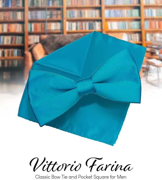 Vittorio Farina Men's Satin Bow Tie & Pocket Square in Gift Box - Turquoise - Bow Tie & Pocket Square - Vittorio Farina