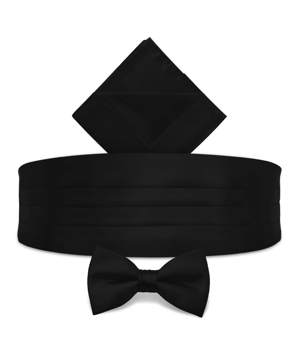 Vittorio Farina Men's Satin Cummerbund, Bow Tie and Pocket Square Set in Gift Box - Black - Cummerbund & Bowtie Set - Vittorio Farina