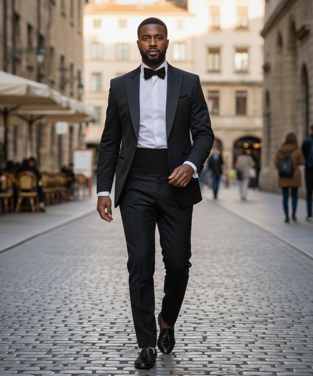 Vittorio Farina Men's Satin Cummerbund, Bow Tie and Pocket Square Set in Gift Box - Black - Cummerbund & Bowtie Set - Vittorio Farina