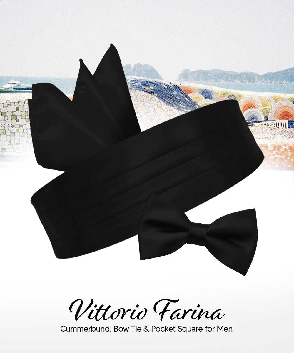 Vittorio Farina Men's Satin Cummerbund, Bow Tie and Pocket Square Set in Gift Box - Black - Cummerbund & Bowtie Set - Vittorio Farina