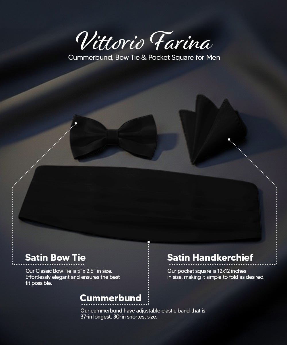 Vittorio Farina Men's Satin Cummerbund, Bow Tie and Pocket Square Set in Gift Box - Black - Cummerbund & Bowtie Set - Vittorio Farina