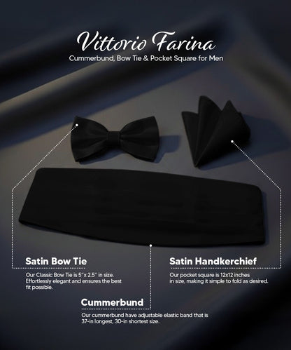 Vittorio Farina Men's Satin Cummerbund, Bow Tie and Pocket Square Set in Gift Box - Black - Cummerbund & Bowtie Set - Vittorio Farina
