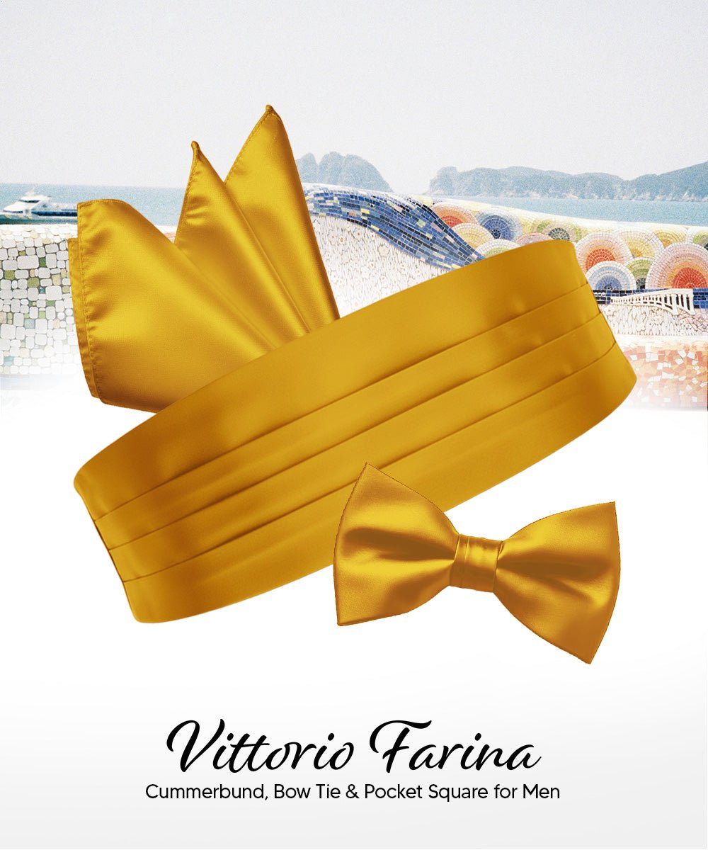 Vittorio Farina Men's Satin Cummerbund, Bow Tie and Pocket Square Set in Gift Box - Gold - Cummerbund & Bowtie Set - Vittorio Farina