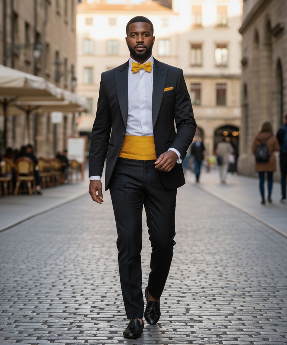 Vittorio Farina Men's Satin Cummerbund, Bow Tie and Pocket Square Set in Gift Box - Gold - Cummerbund & Bowtie Set - Vittorio Farina
