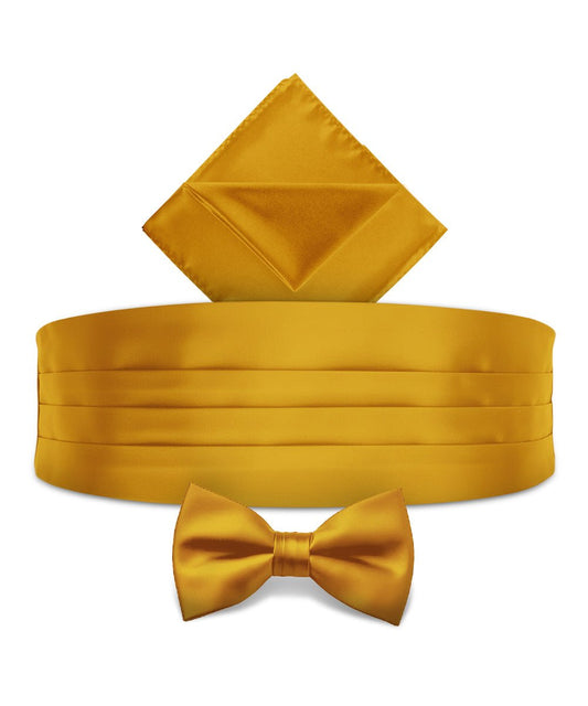 Vittorio Farina Men's Satin Cummerbund, Bow Tie and Pocket Square Set in Gift Box - Gold - Cummerbund & Bowtie Set - Vittorio Farina