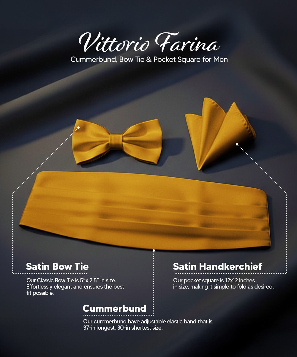 Vittorio Farina Men's Satin Cummerbund, Bow Tie and Pocket Square Set in Gift Box - Gold - Cummerbund & Bowtie Set - Vittorio Farina