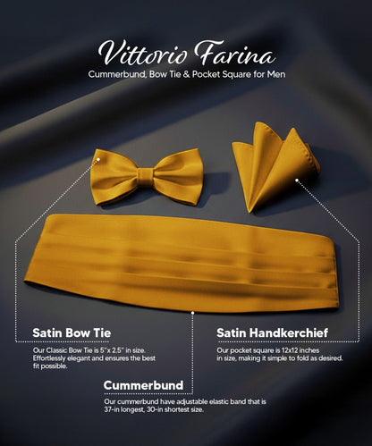 Vittorio Farina Men's Satin Cummerbund, Bow Tie and Pocket Square Set in Gift Box - Gold - Cummerbund & Bowtie Set - Vittorio Farina