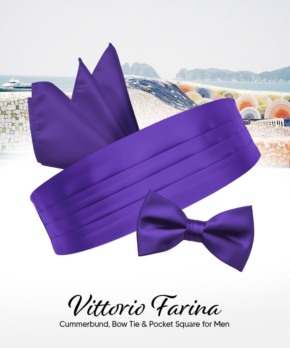 Vittorio Farina Men's Satin Cummerbund, Bow Tie and Pocket Square Set in Gift Box - Purple - Cummerbund & Bowtie Set - Vittorio Farina
