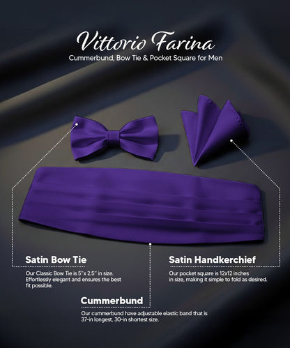 Vittorio Farina Men's Satin Cummerbund, Bow Tie and Pocket Square Set in Gift Box - Red - Cummerbund & Bowtie Set - Vittorio Farina