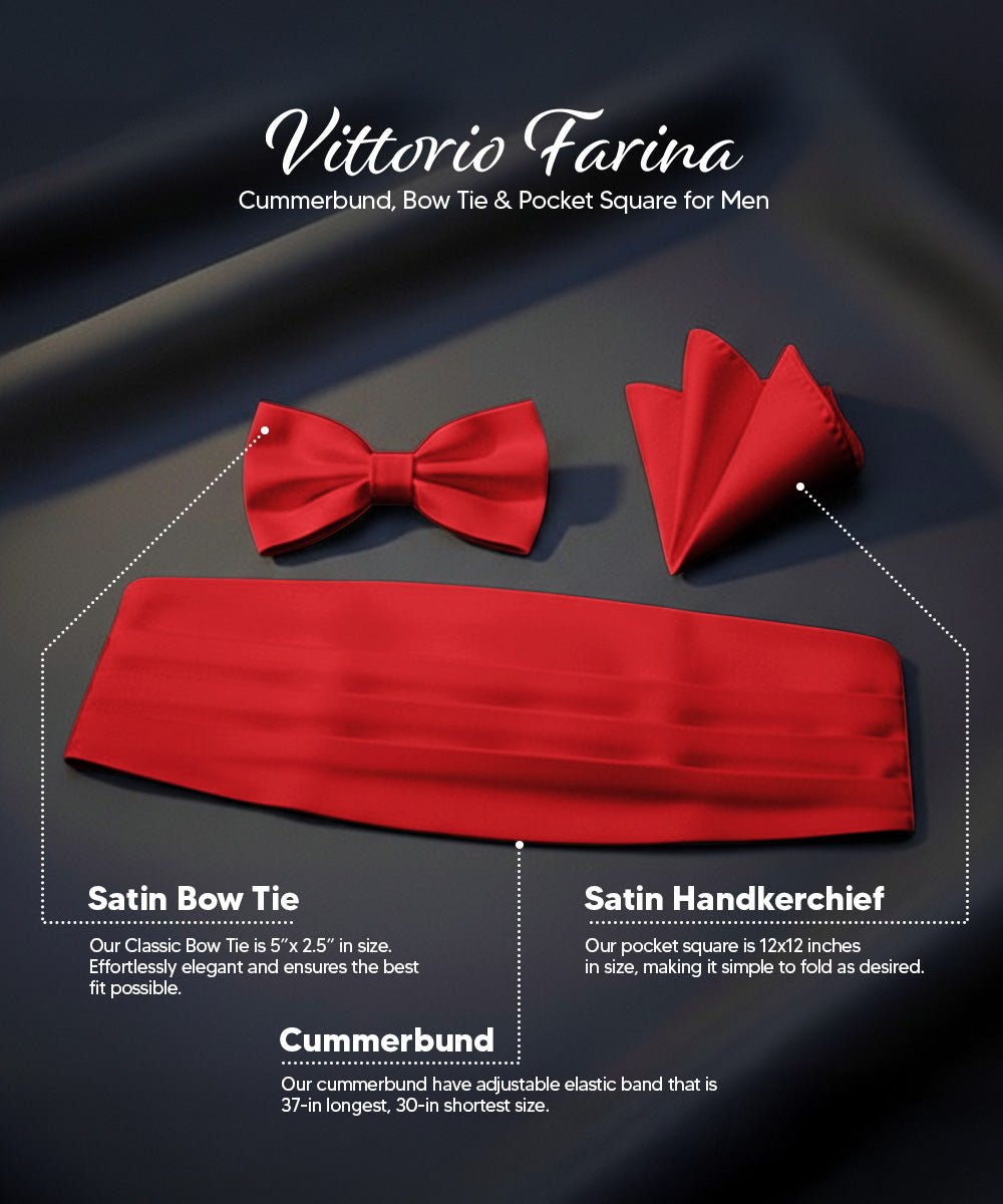 Vittorio Farina Men's Satin Cummerbund, Bow Tie and Pocket Square Set in Gift Box - Red - Cummerbund & Bowtie Set - Vittorio Farina