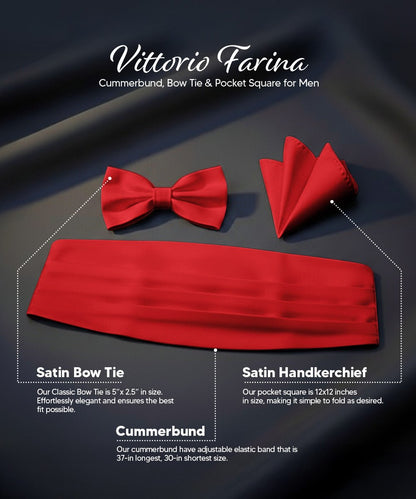 Vittorio Farina Men's Satin Cummerbund, Bow Tie and Pocket Square Set in Gift Box - Red - Cummerbund & Bowtie Set - Vittorio Farina