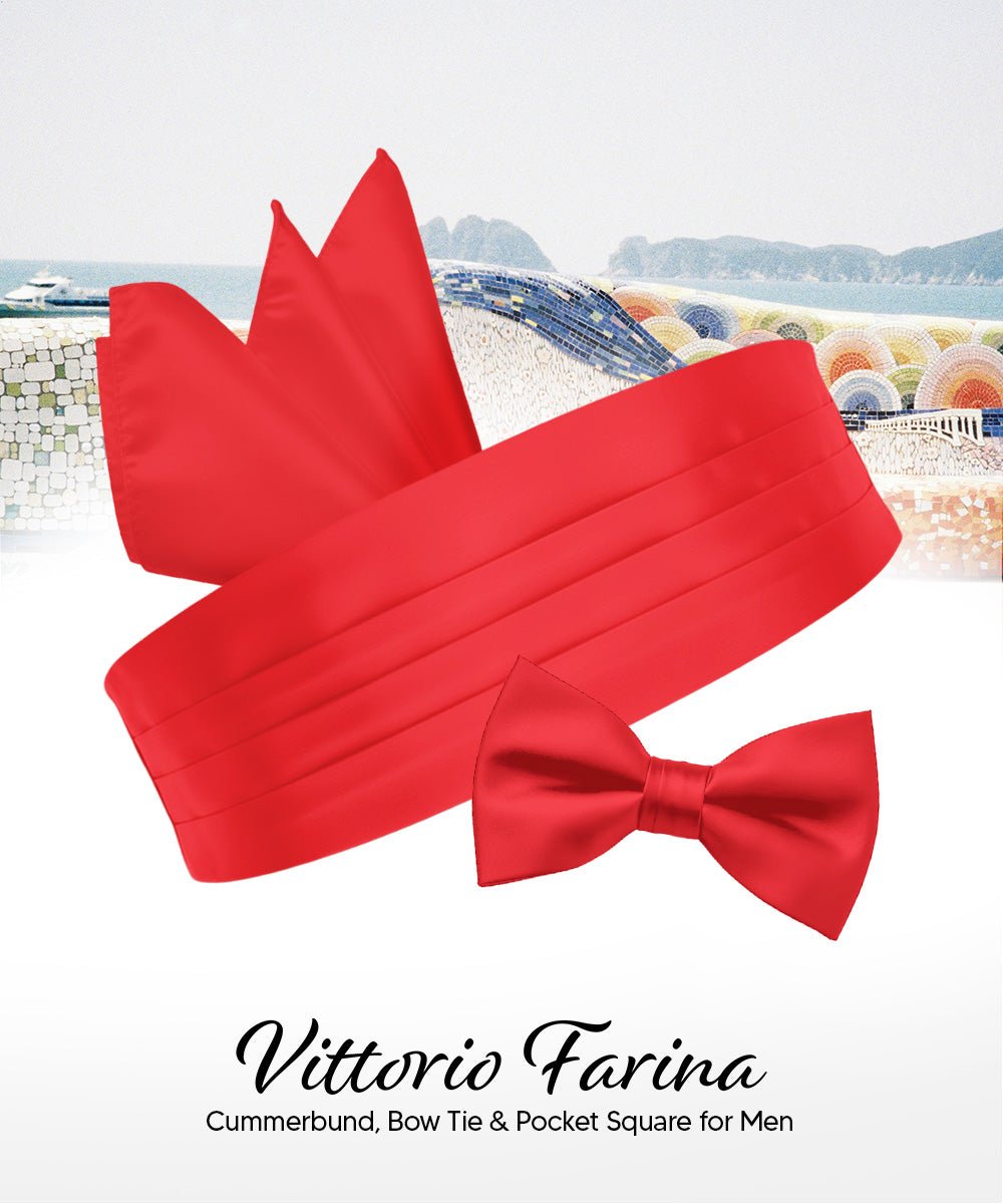 Vittorio Farina Men's Satin Cummerbund, Bow Tie and Pocket Square Set in Gift Box - Red - Cummerbund & Bowtie Set - Vittorio Farina