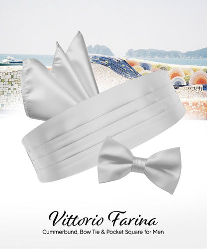 Vittorio Farina Men's Satin Cummerbund, Bow Tie and Pocket Square Set in Gift Box - Silver - Cummerbund & Bowtie Set - Vittorio Farina