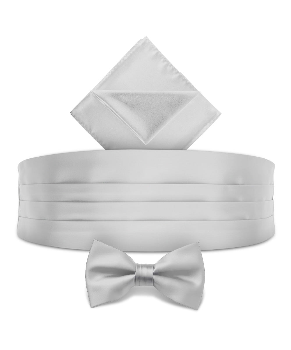 Vittorio Farina Men's Satin Cummerbund, Bow Tie and Pocket Square Set in Gift Box - Silver - Cummerbund & Bowtie Set - Vittorio Farina