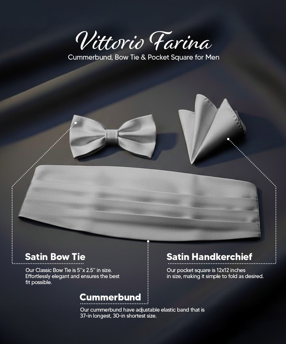 Vittorio Farina Men's Satin Cummerbund, Bow Tie and Pocket Square Set in Gift Box - Silver - Cummerbund & Bowtie Set - Vittorio Farina