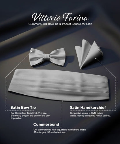 Vittorio Farina Men's Satin Cummerbund, Bow Tie and Pocket Square Set in Gift Box - Silver - Cummerbund & Bowtie Set - Vittorio Farina