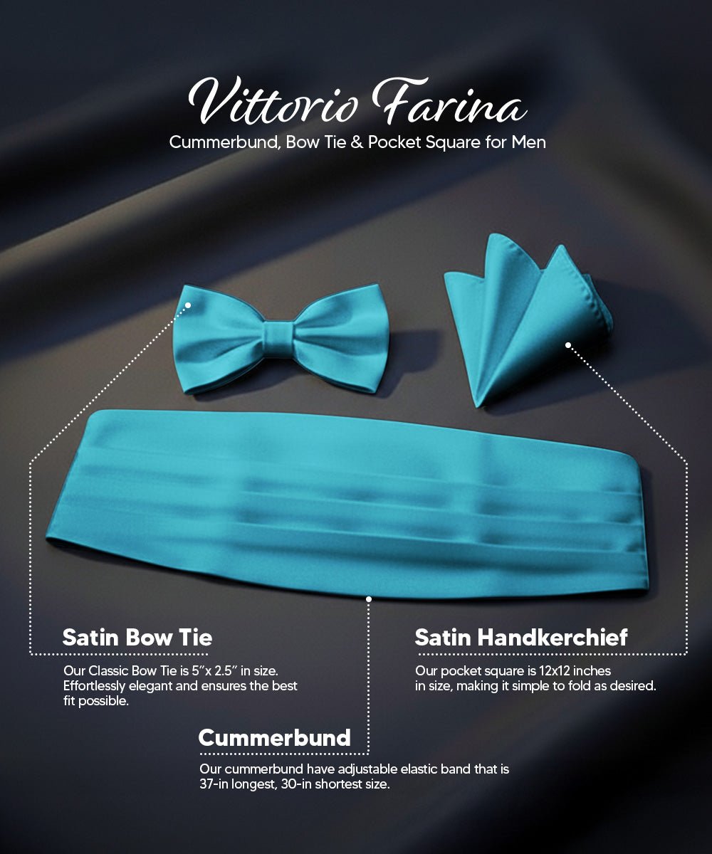 Vittorio Farina Men's Satin Cummerbund, Bow Tie and Pocket Square Set in Gift Box - Turquoise - Cummerbund & Bowtie Set - Vittorio Farina