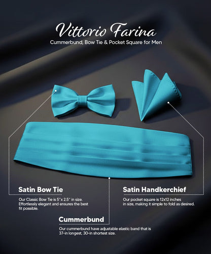 Vittorio Farina Men's Satin Cummerbund, Bow Tie and Pocket Square Set in Gift Box - Turquoise - Cummerbund & Bowtie Set - Vittorio Farina
