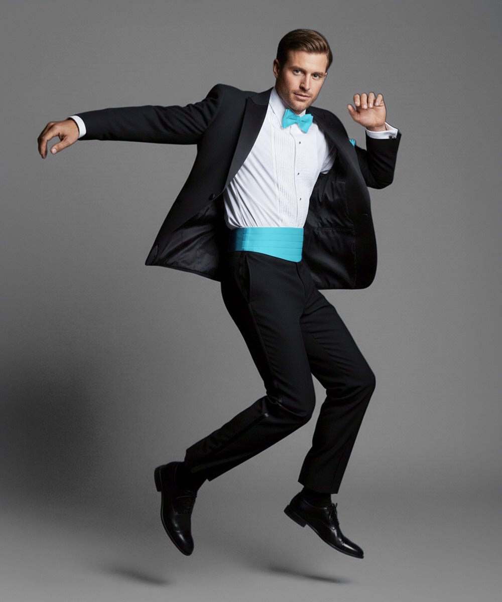 Vittorio Farina Men's Satin Cummerbund, Bow Tie and Pocket Square Set in Gift Box - Turquoise - Cummerbund & Bowtie Set - Vittorio Farina