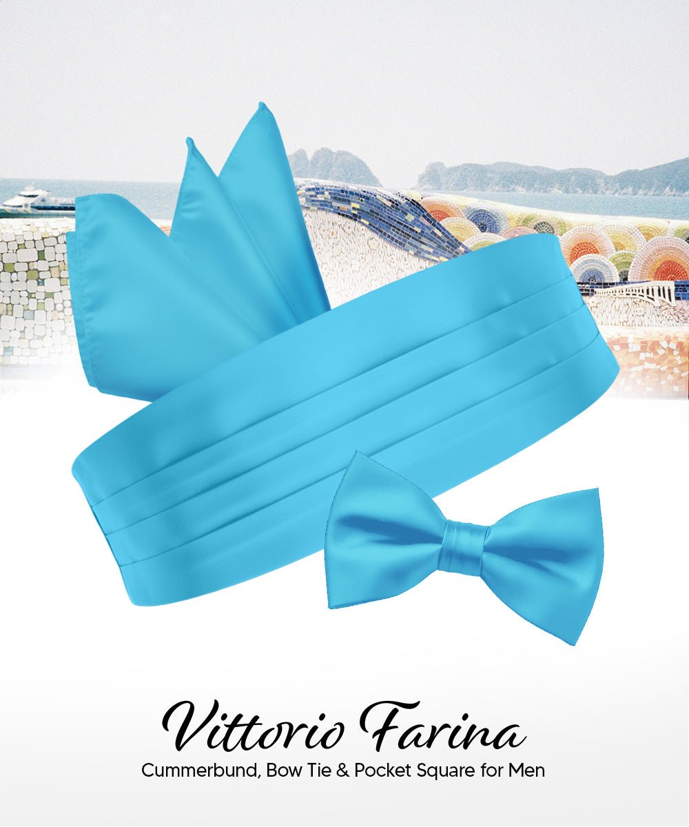 Vittorio Farina Men's Satin Cummerbund, Bow Tie and Pocket Square Set in Gift Box - Turquoise - Cummerbund & Bowtie Set - Vittorio Farina