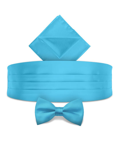 Vittorio Farina Men's Satin Cummerbund, Bow Tie and Pocket Square Set in Gift Box - Turquoise - Cummerbund & Bowtie Set - Vittorio Farina
