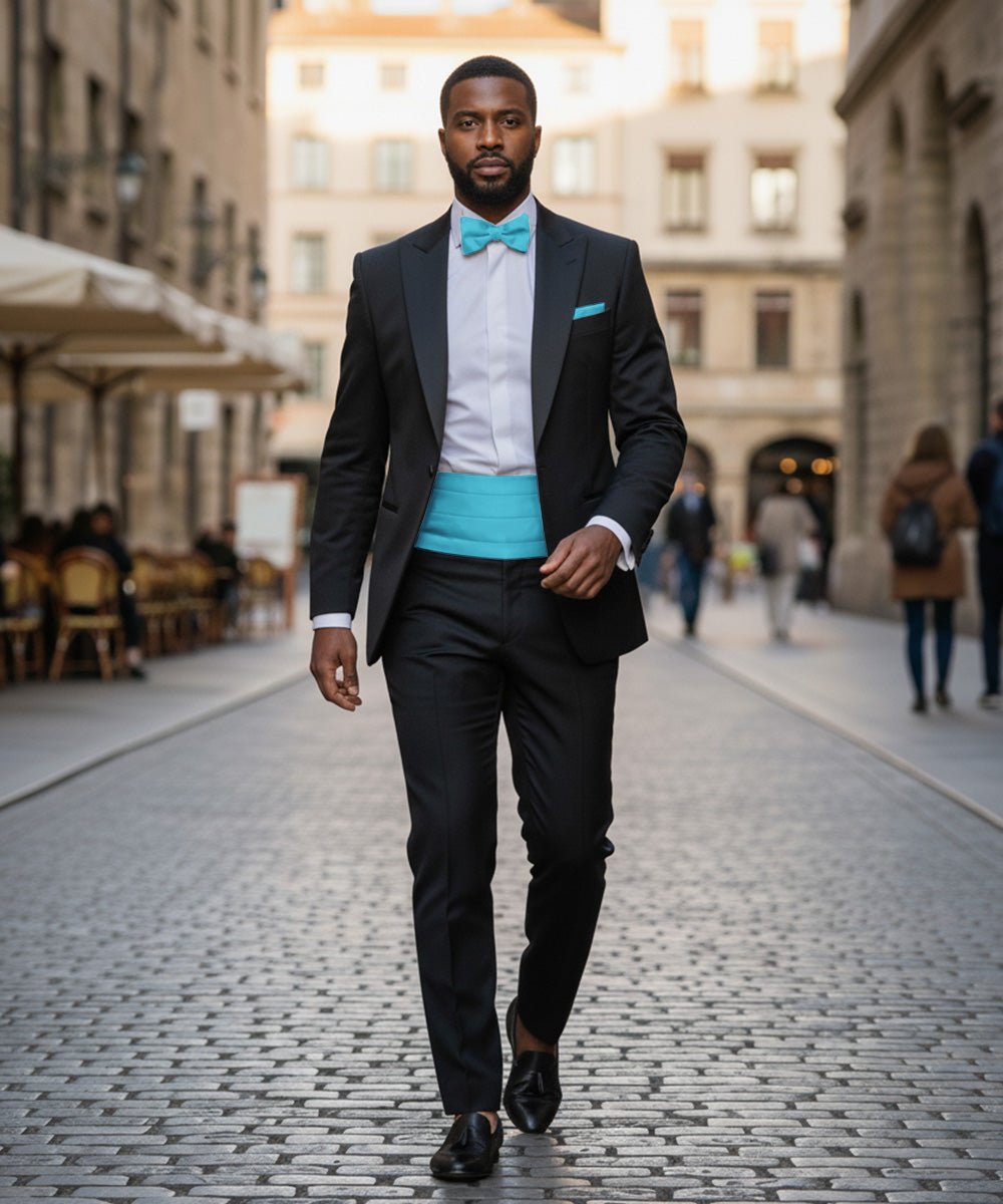 Vittorio Farina Men's Satin Cummerbund, Bow Tie and Pocket Square Set in Gift Box - Turquoise - Cummerbund & Bowtie Set - Vittorio Farina