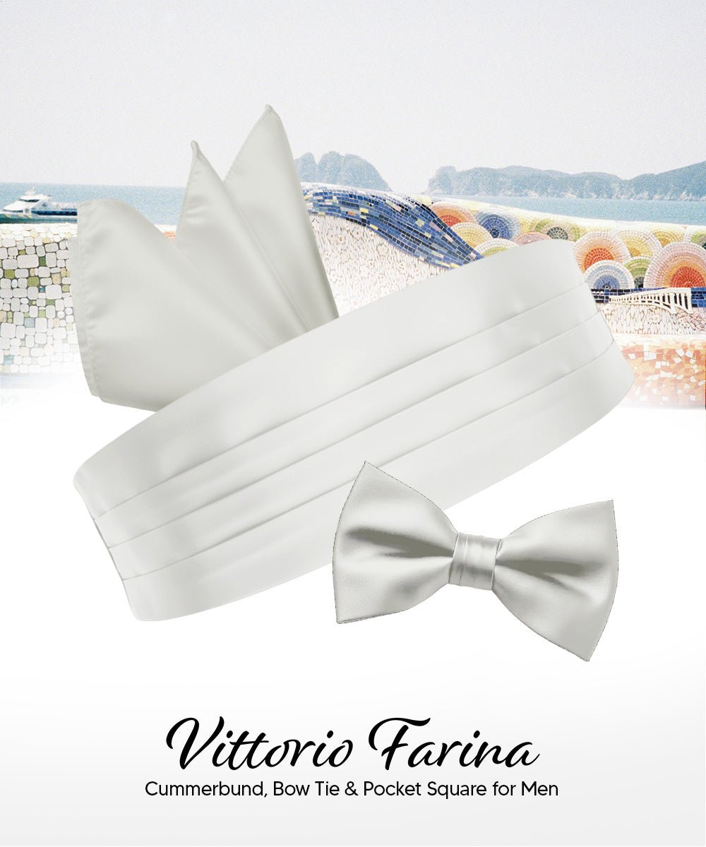 Vittorio Farina Men's Satin Cummerbund, Bow Tie and Pocket Square Set in Gift Box - White - Cummerbund & Bowtie Set - Vittorio Farina