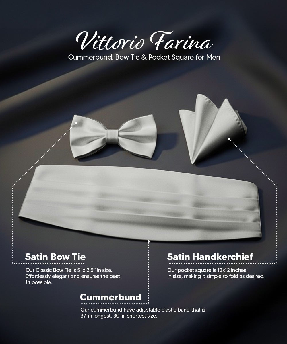 Vittorio Farina Men's Satin Cummerbund, Bow Tie and Pocket Square Set in Gift Box - White - Cummerbund & Bowtie Set - Vittorio Farina