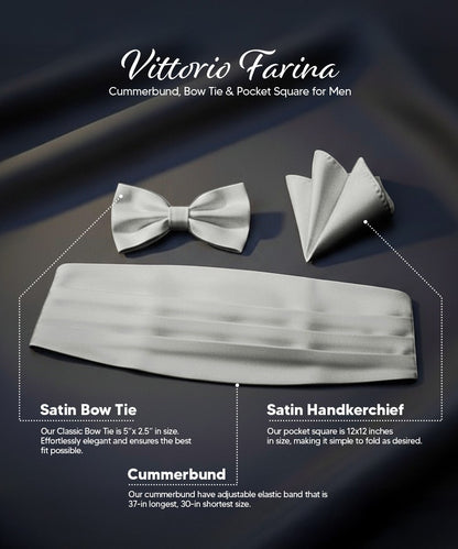 Vittorio Farina Men's Satin Cummerbund, Bow Tie and Pocket Square Set in Gift Box - White - Cummerbund & Bowtie Set - Vittorio Farina