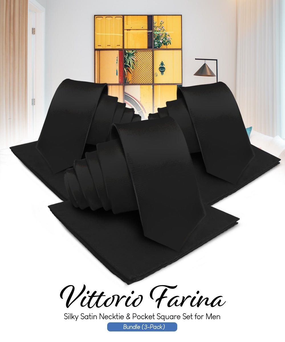 Vittorio Farina Men's Satin Necktie & Pocket Square (Multipack) - Black - Necktie & Pocket Square - Vittorio Farina