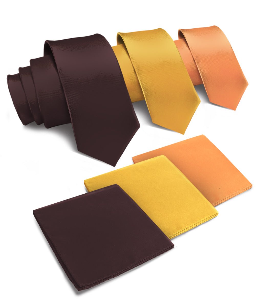 Vittorio Farina Men's Satin Necktie & Pocket Square (Multipack) - Brown/Mustard/Burnt Orange - Necktie & Pocket Square - Vittorio Farina
