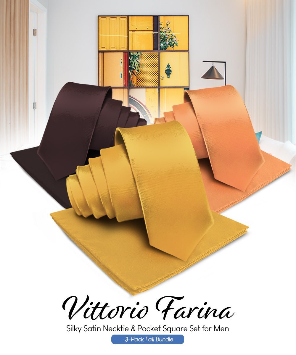 Vittorio Farina Men's Satin Necktie & Pocket Square (Multipack) - Brown/Mustard/Burnt Orange - Necktie & Pocket Square - Vittorio Farina