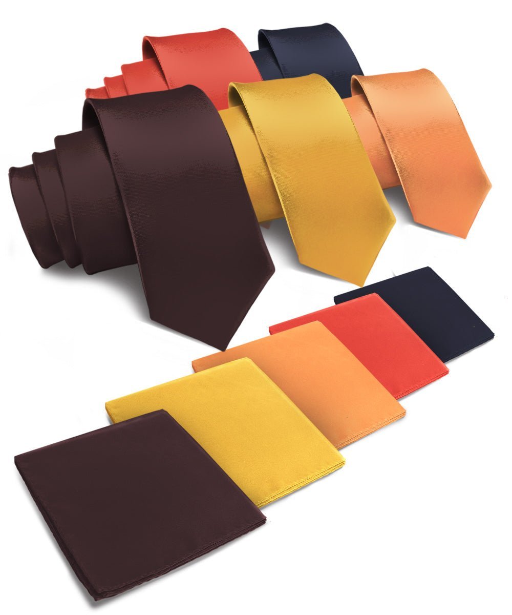 Vittorio Farina Men's Satin Necktie & Pocket Square (Multipack) - Brown/Mustard/Burnt Orange/Rust Red/Navy Blue - Necktie & Pocket Square - Vittorio Farina