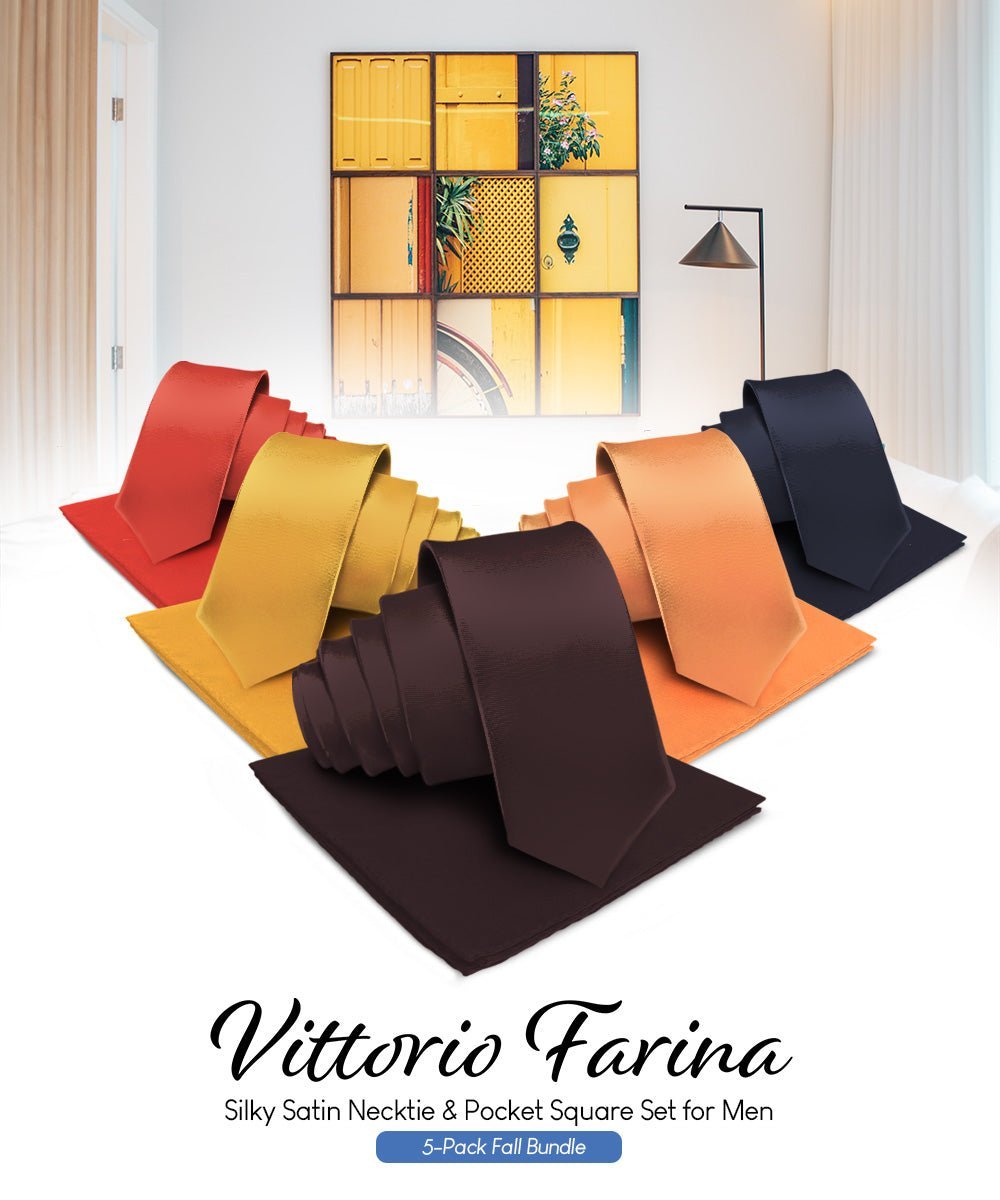 Vittorio Farina Men's Satin Necktie & Pocket Square (Multipack) - Brown/Mustard/Burnt Orange/Rust Red/Navy Blue - Necktie & Pocket Square - Vittorio Farina