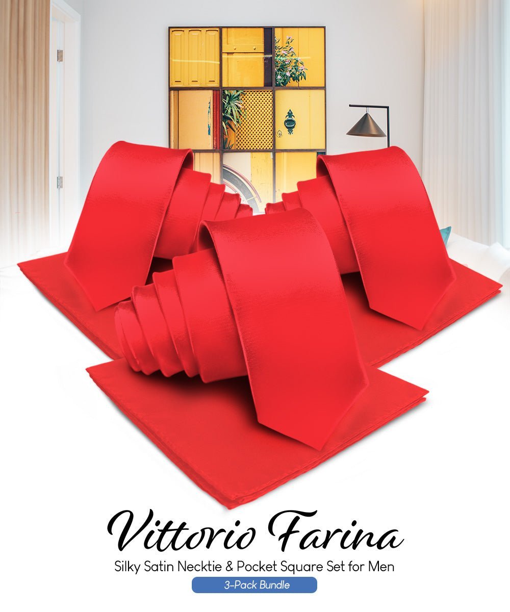 Vittorio Farina Men's Satin Necktie & Pocket Square (Multipack) - Red - Necktie & Pocket Square - Vittorio Farina