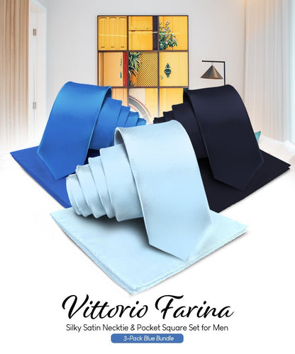 Vittorio Farina Men's Satin Necktie & Pocket Square (Multipack) - Royal Blue - Necktie & Pocket Square - Vittorio Farina