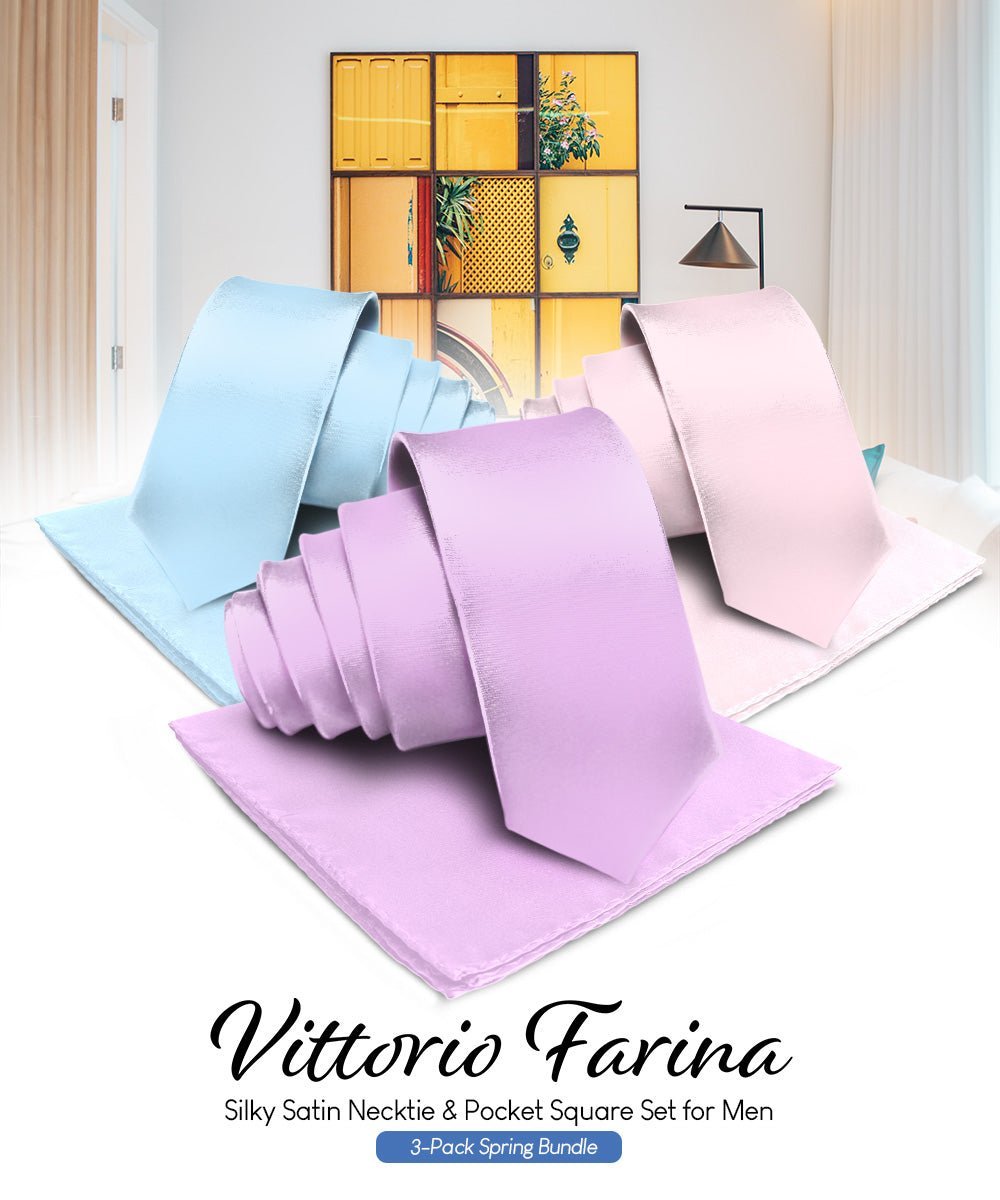 Vittorio Farina Men's Satin Necktie & Pocket Square (Multipack) - Sky Blue/Pink/Lavender - Necktie & Pocket Square - Vittorio Farina