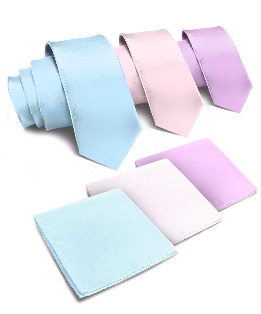 Vittorio Farina Men's Satin Necktie & Pocket Square (Multipack) - Sky Blue/Pink/Lavender - Necktie & Pocket Square - Vittorio Farina