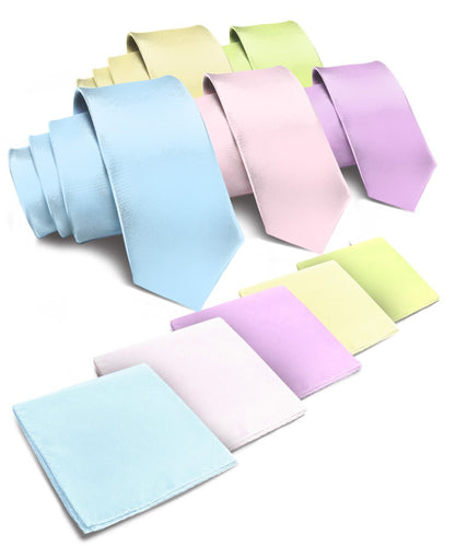 Vittorio Farina Men's Satin Necktie & Pocket Square (Multipack) - Sky Blue/Pink/Lavender/Maize/Mint Green - Necktie & Pocket Square - Vittorio Farina