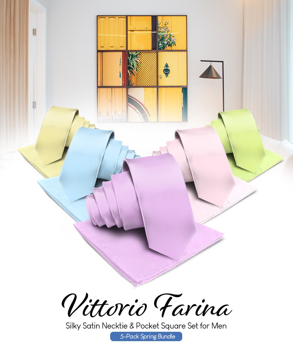 Vittorio Farina Men's Satin Necktie & Pocket Square (Multipack) - Sky Blue/Pink/Lavender/Maize/Mint Green - Necktie & Pocket Square - Vittorio Farina