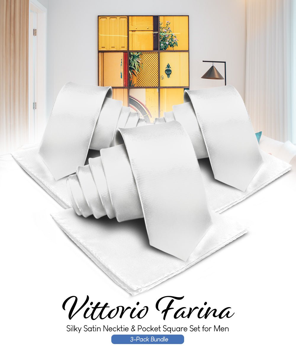 Vittorio Farina Men's Satin Necktie & Pocket Square (Multipack) - White - Necktie & Pocket Square - Vittorio Farina