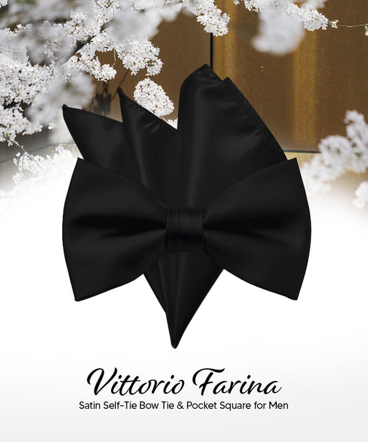 Vittorio Farina Men's Satin Self Tie Bow Tie & Pocket Square in Gift Box - Black - Bow Tie & Pocket Square - Vittorio Farina