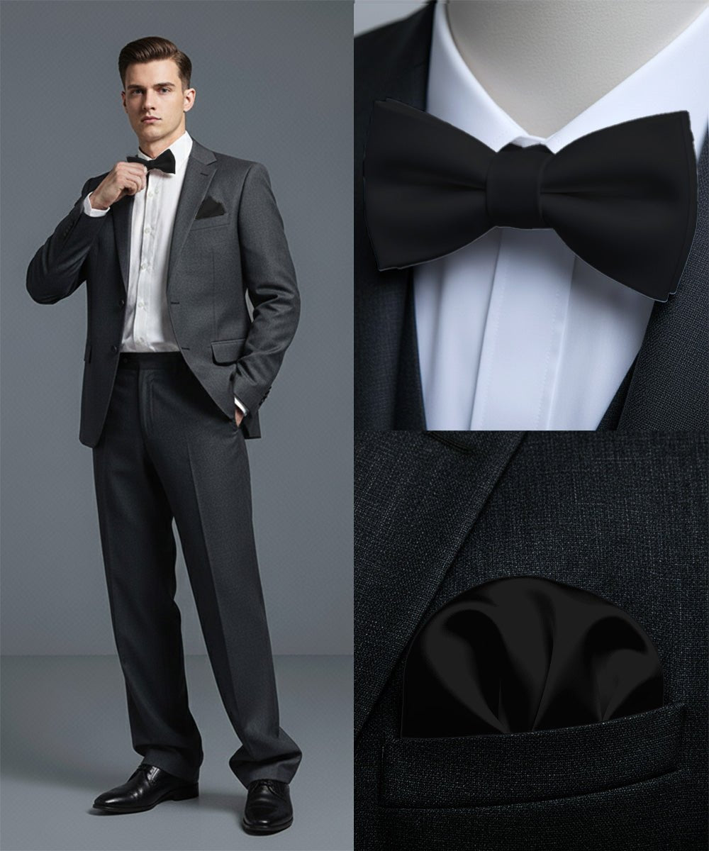 Vittorio Farina Men's Satin Self Tie Bow Tie & Pocket Square in Gift Box - Black - Bow Tie & Pocket Square - Vittorio Farina