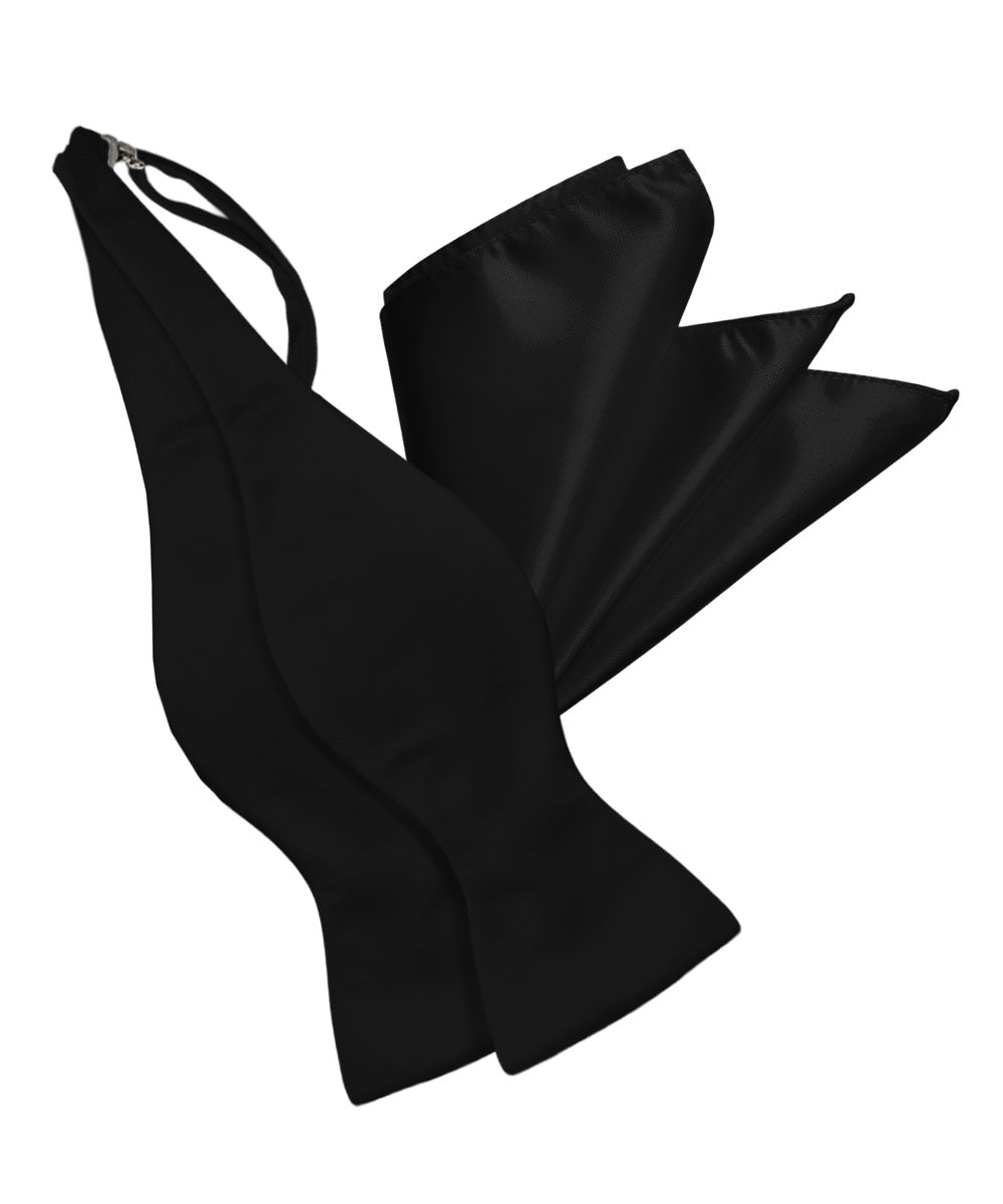 Vittorio Farina Men's Satin Self Tie Bow Tie & Pocket Square in Gift Box - Black - Bow Tie & Pocket Square - Vittorio Farina